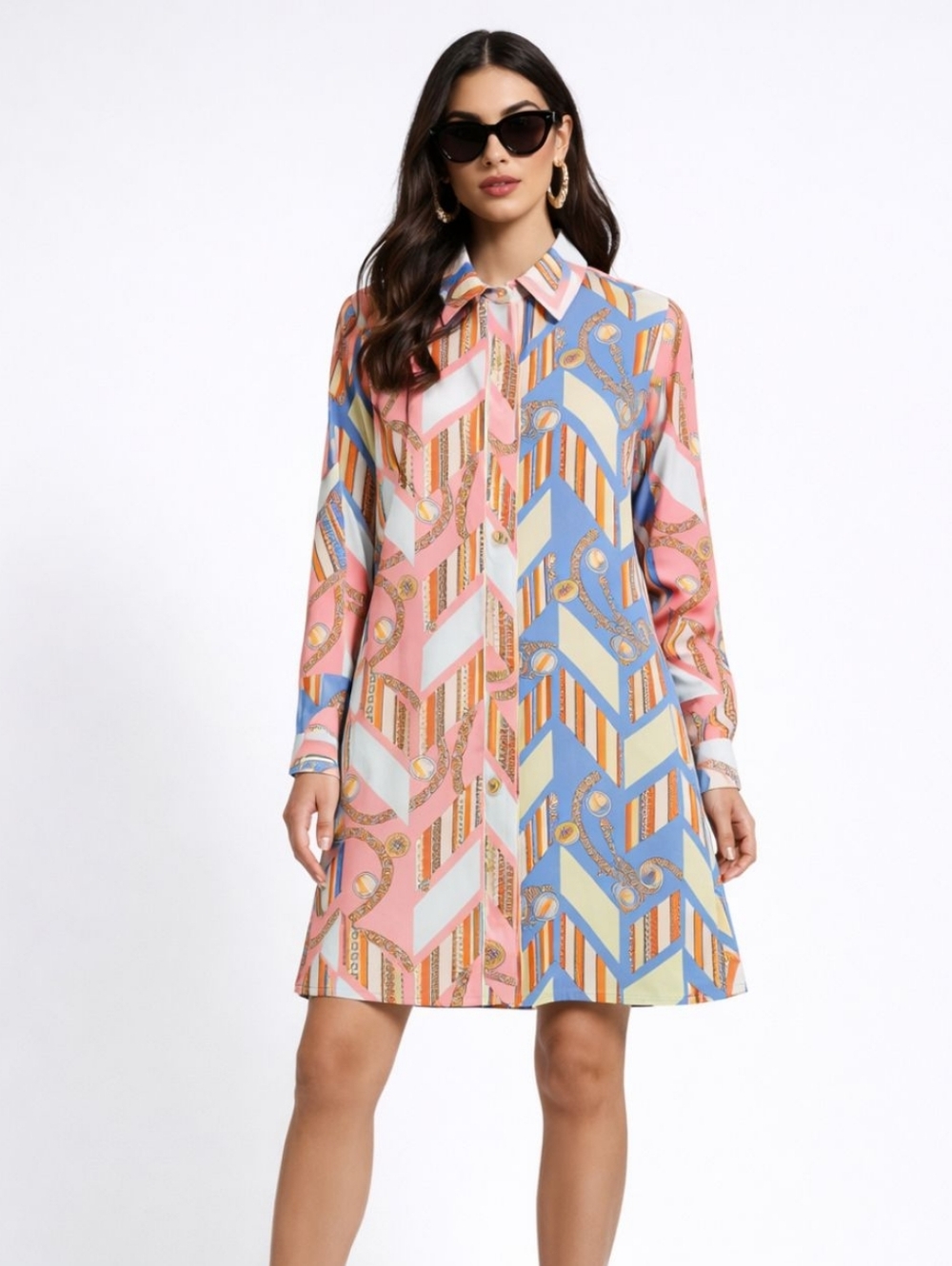 Gracia Multicolor Chain Print Aline Funky 70s Tunic Shirt Dress.